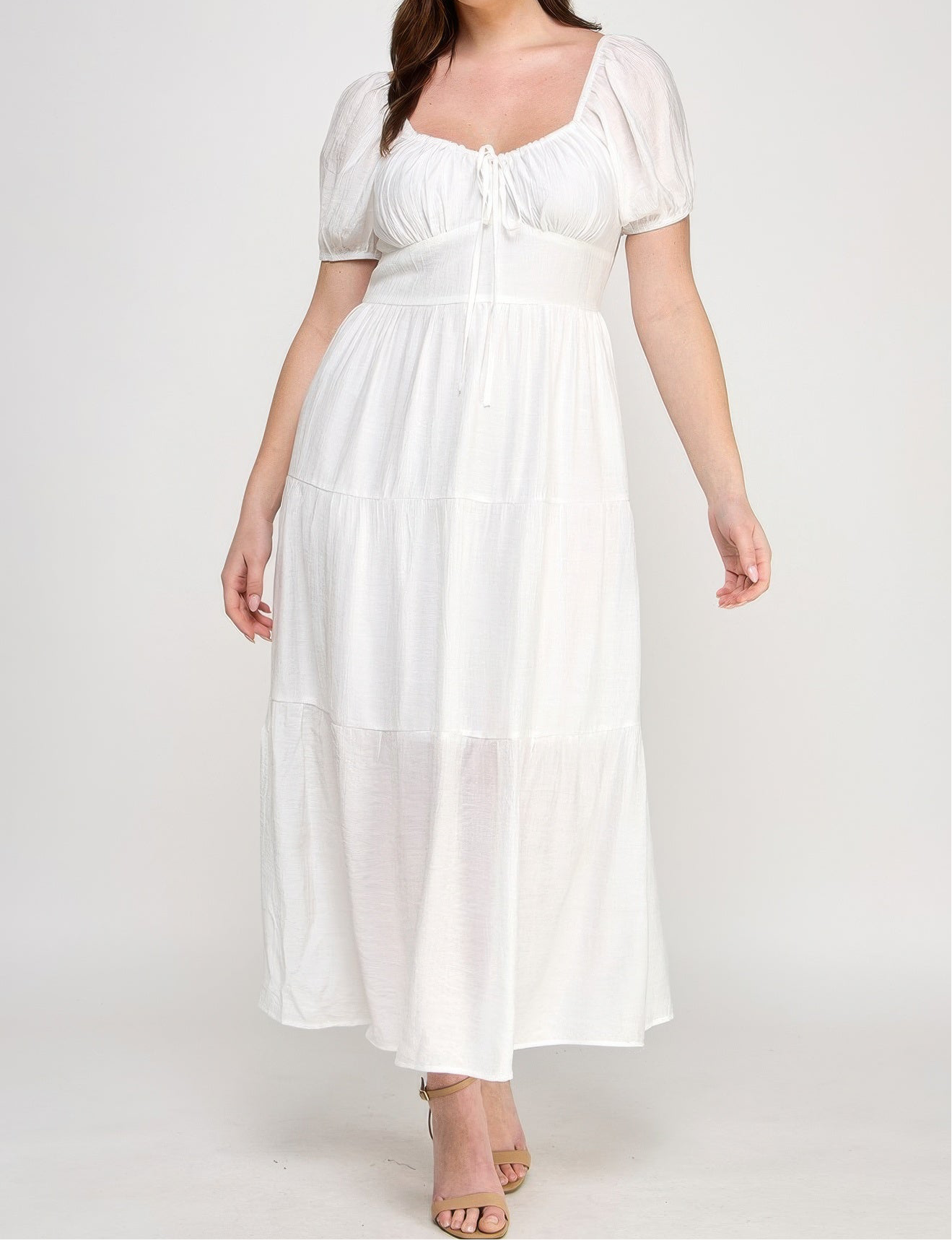 Front Tie Puff Sleeve Tired Maxi Dress