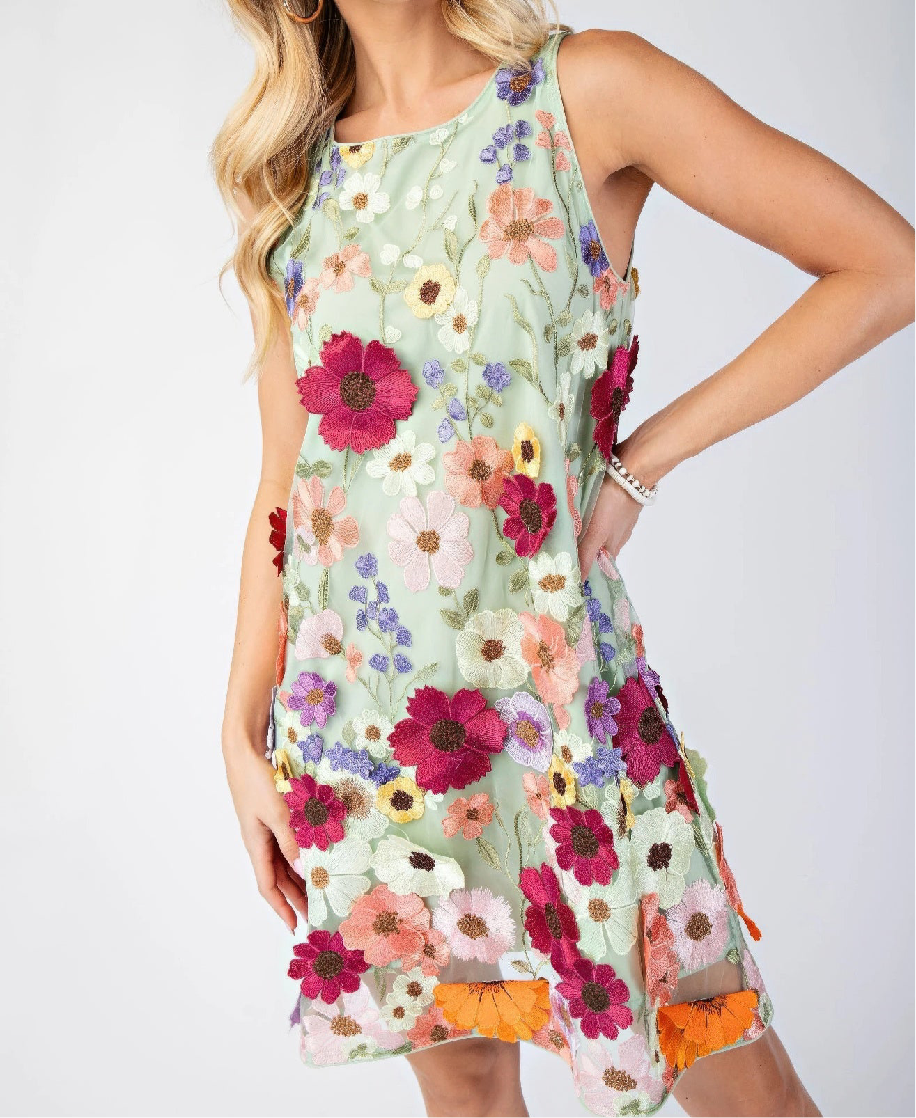 3d Floral Embroidered Sleeveless Mini Dress