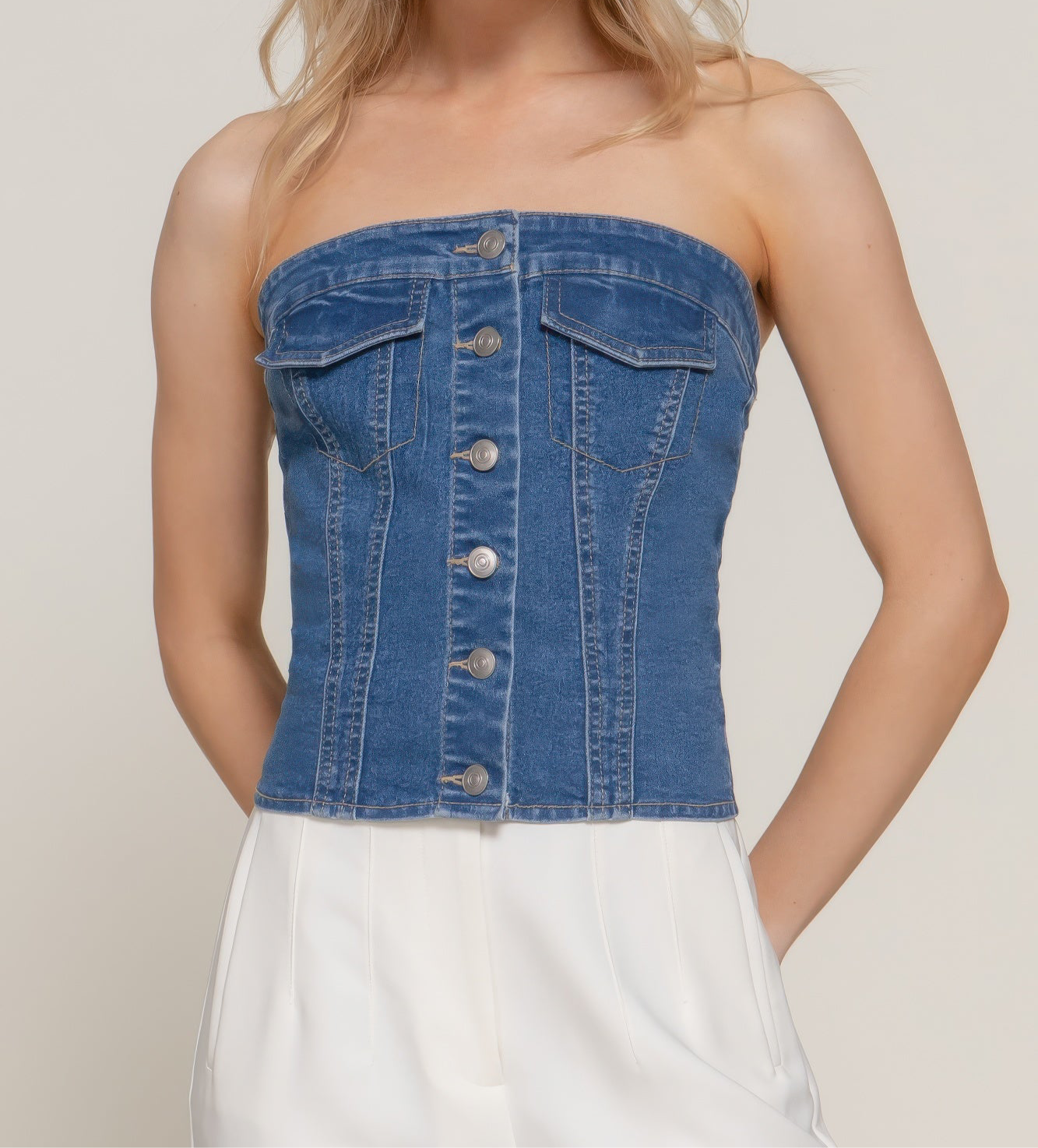Placket Stretch Denim Tube Top