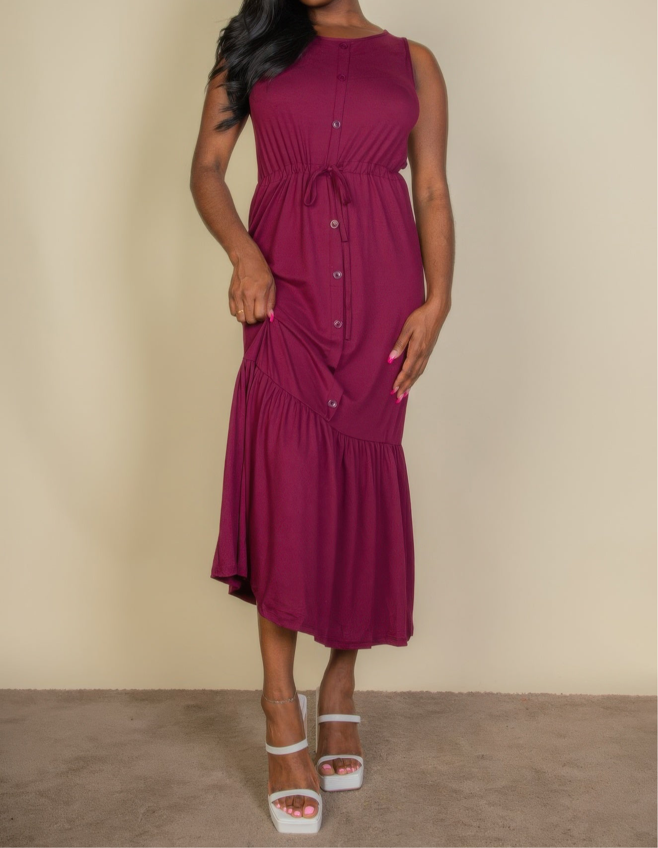 Button Front Tie Waist Maxi Dress