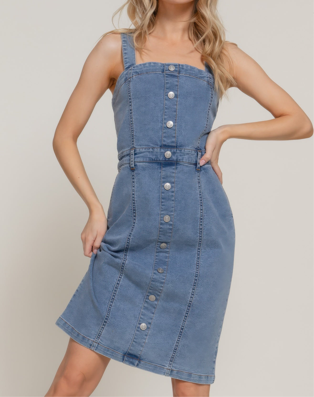 Button Down Placket Stretch Denim Dress