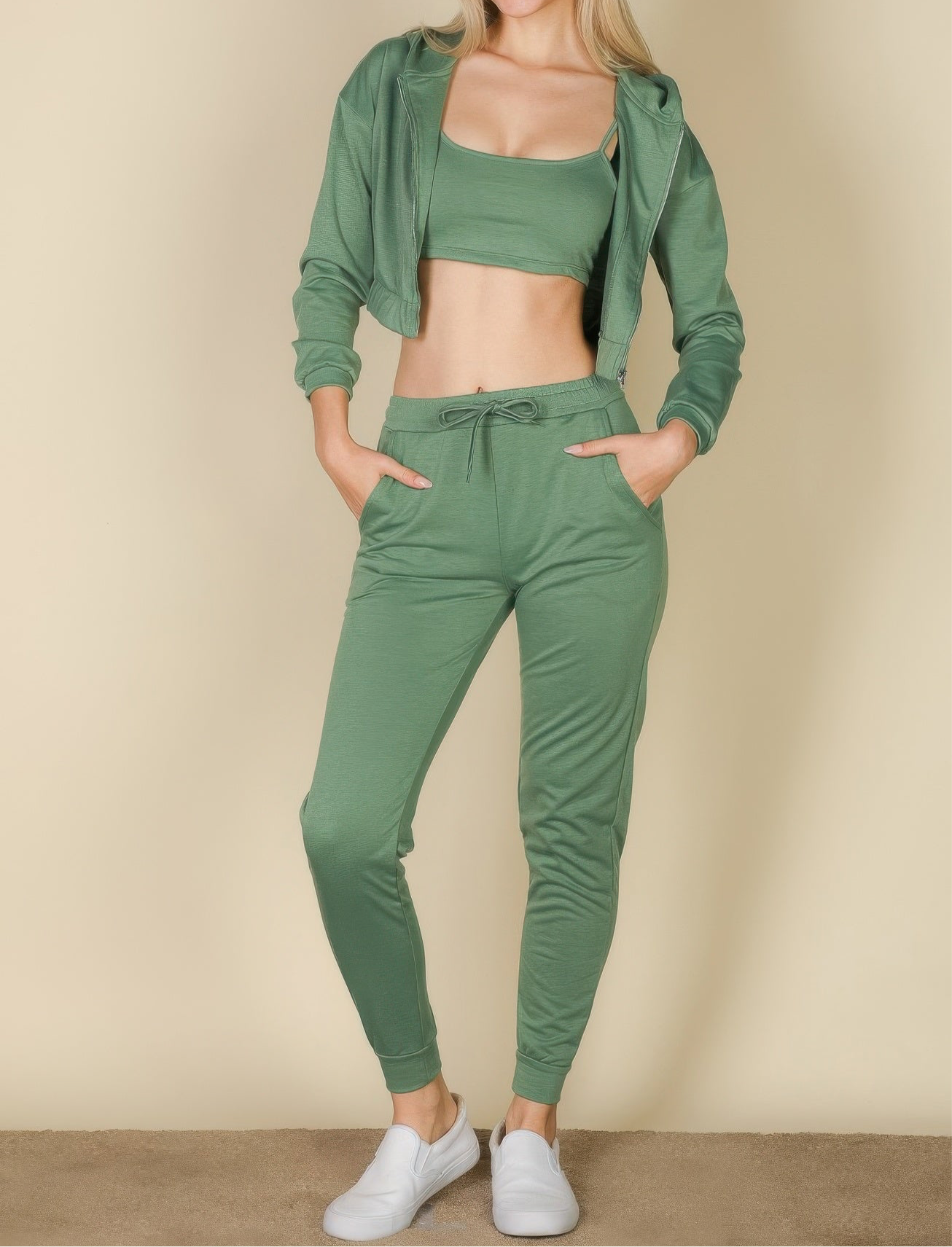 French Terry Cropped Cami With Zip-up Jacket And Joggers Set