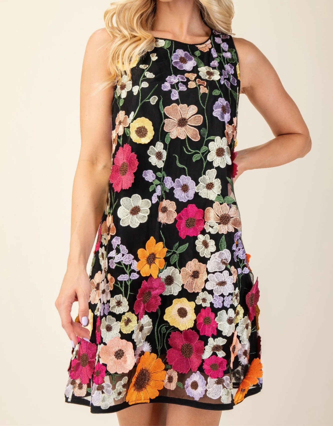 3d Floral Embroidered Sleeveless Mini Dress