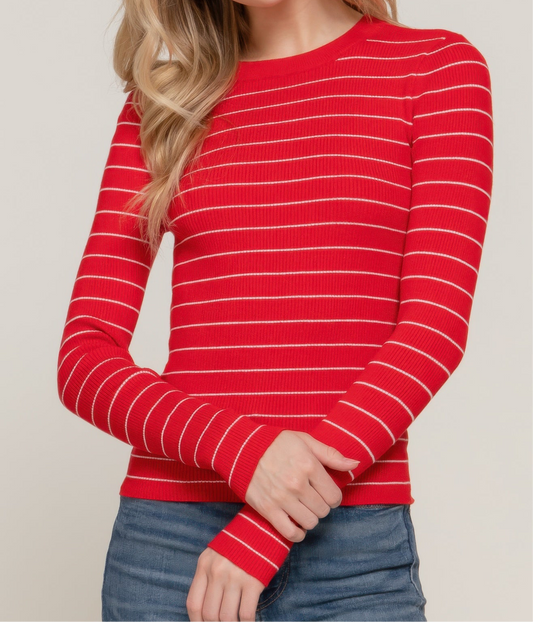 Long Slv Crew Neck Stripe Sweater