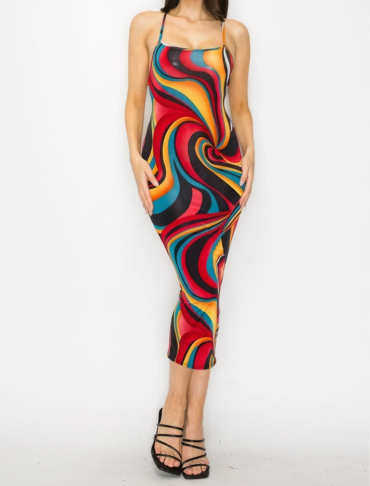 Crossed Back Marble Multicolor Midi Dress