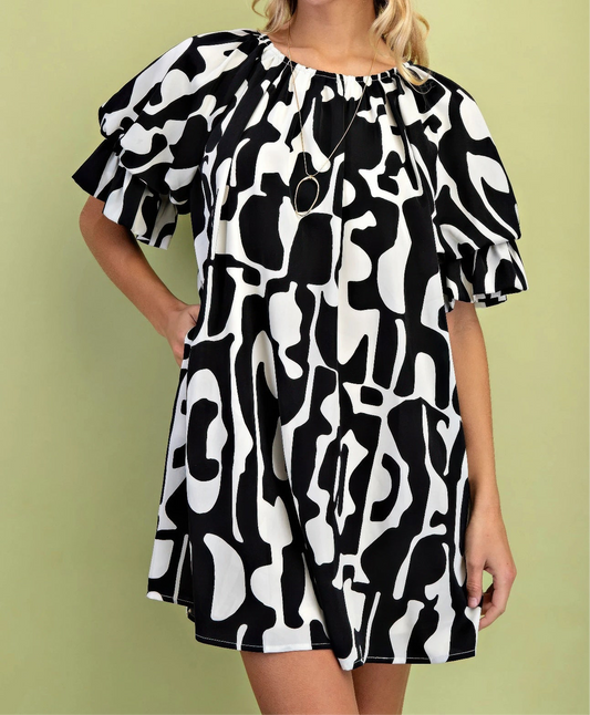 Geometric Print Loose Fit Mini Dress