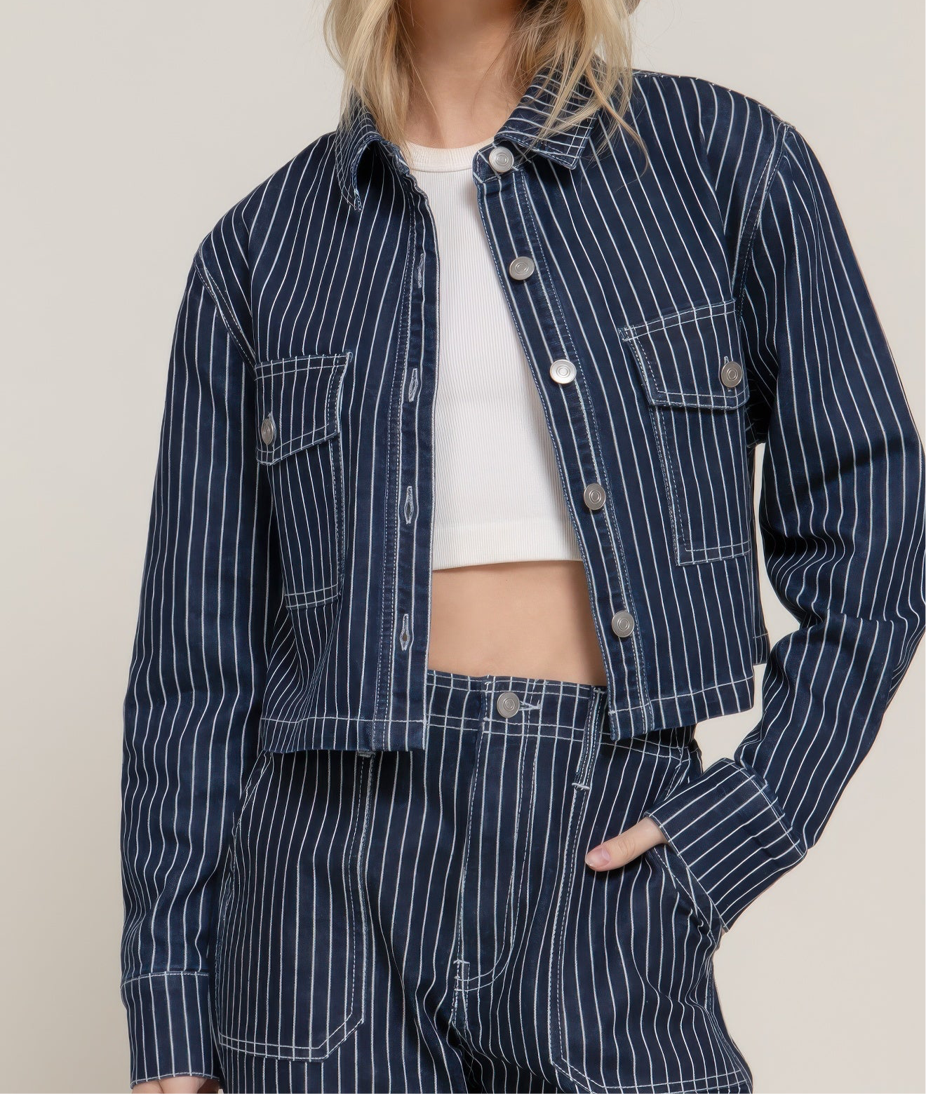 Button Down Stripe Denim Short Jacket