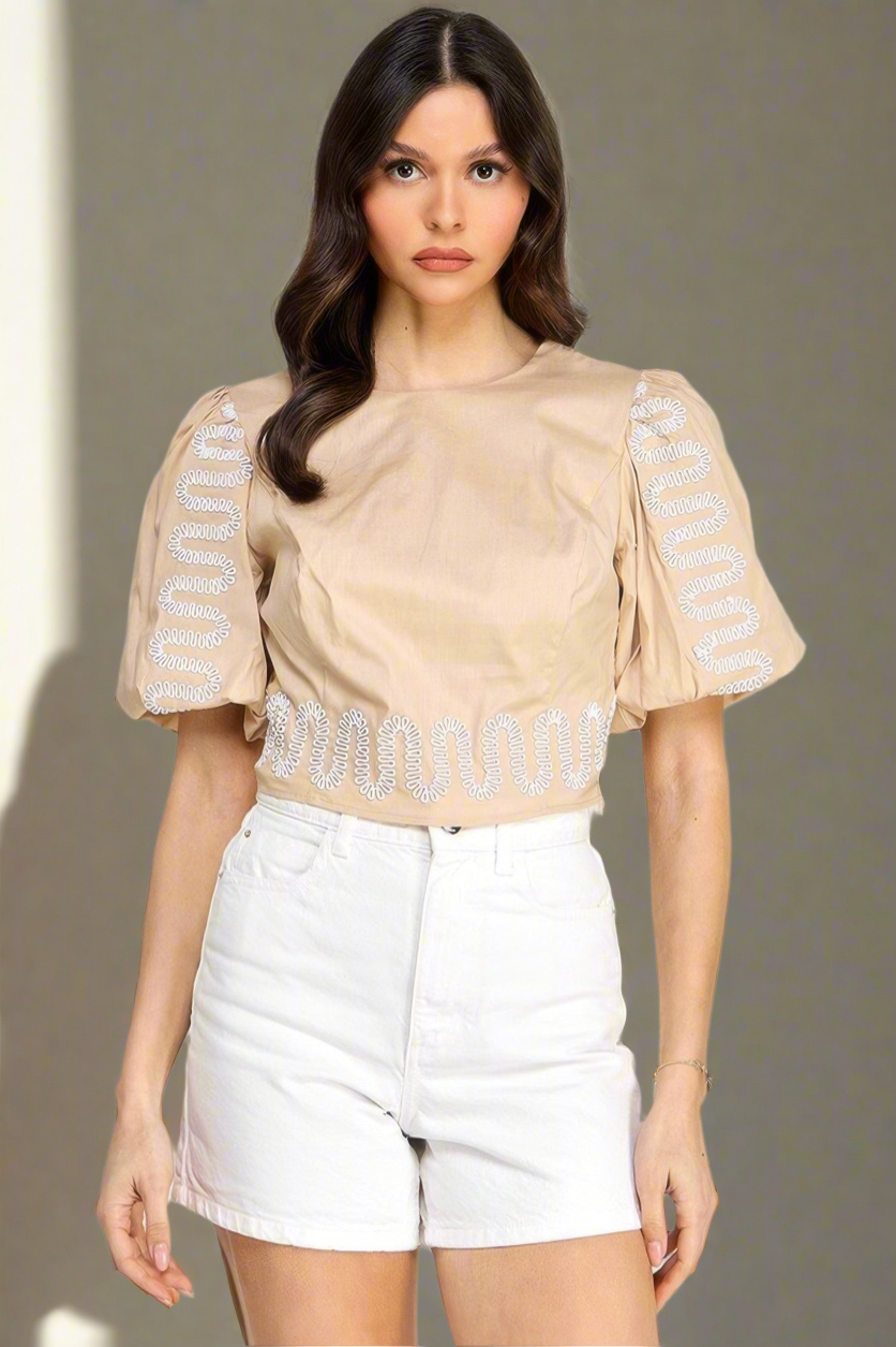 Puff Bubble Sleeve Top With Embroidery Detail