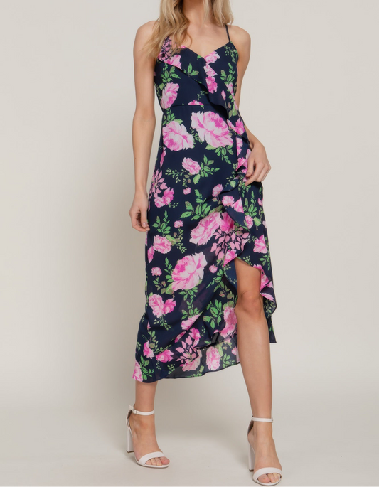 Floral Print Ruffle Slip Midi Dress