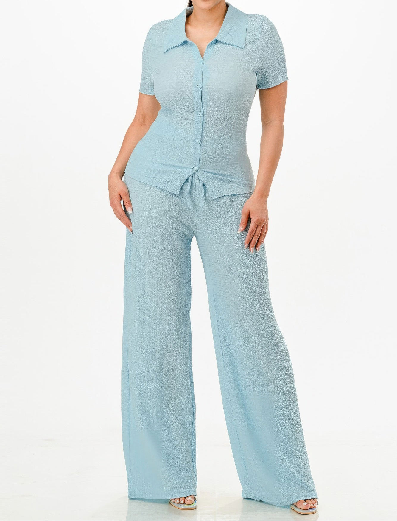 Textured Polo Top And Pants Set