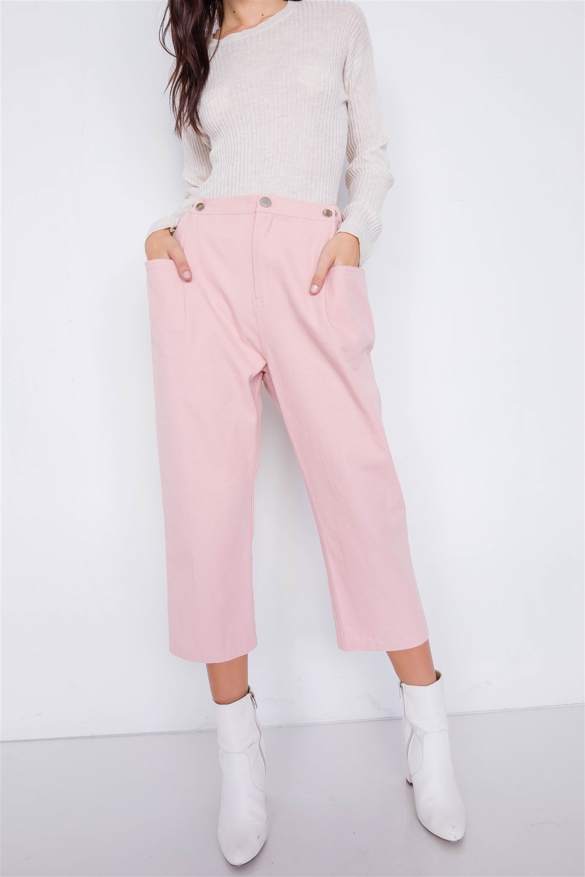 Pastel Chic Solid Ankle Wide Leg Pants