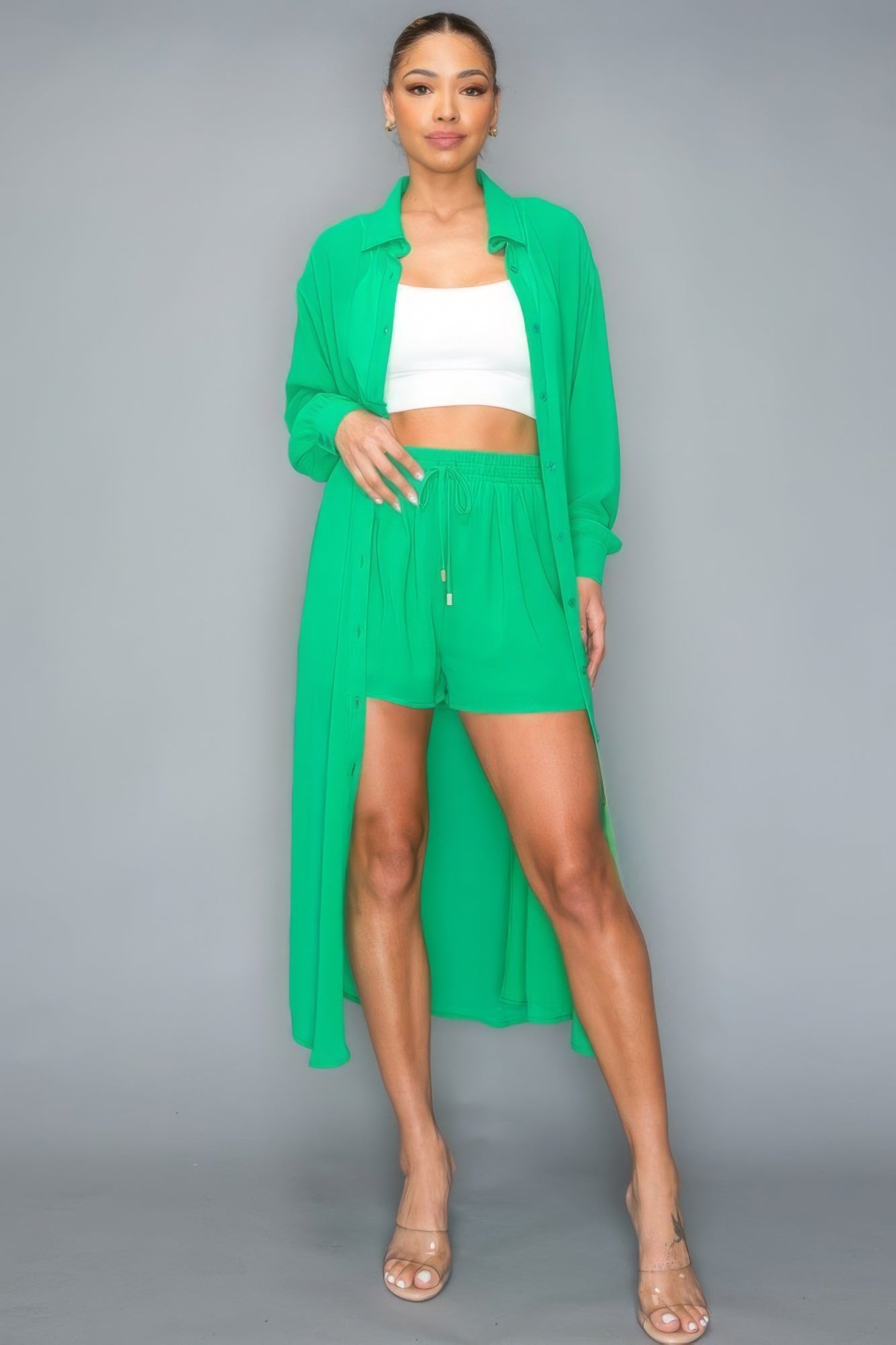 Chiffon Button Down Side Slit Long Top With Short Set