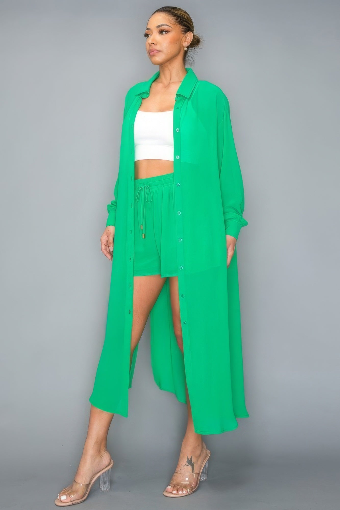 Chiffon Button Down Side Slit Long Top With Short Set