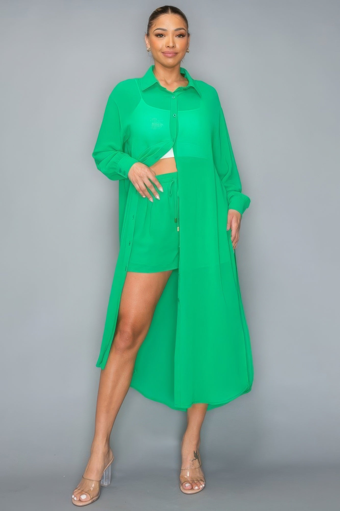 Chiffon Button Down Side Slit Long Top With Short Set