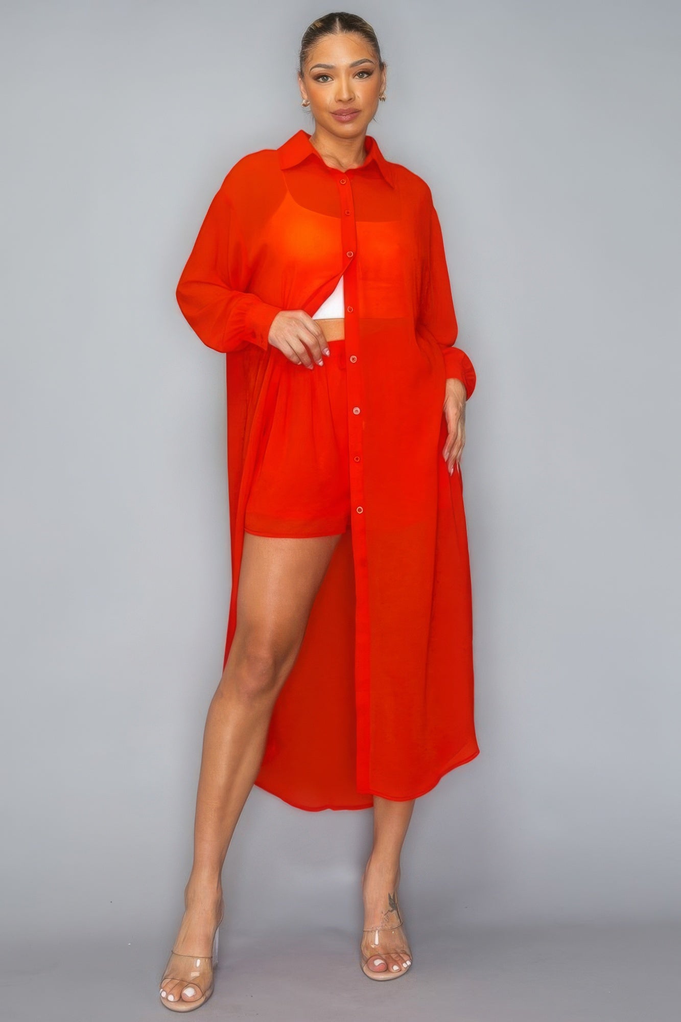 Chiffon Button Down Side Slit Long Top With Short Set
