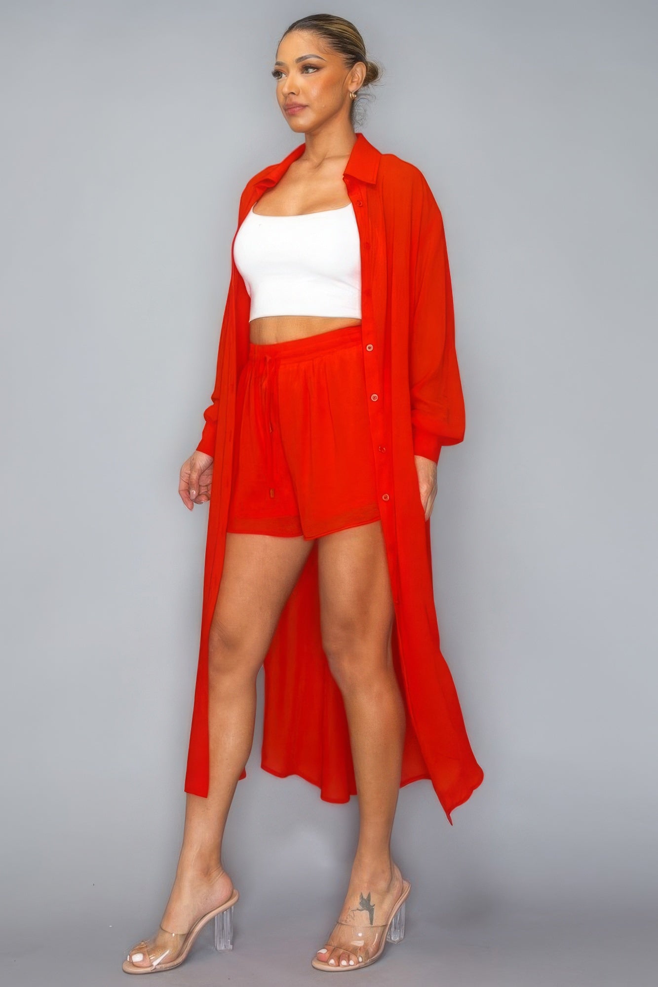 Chiffon Button Down Side Slit Long Top With Short Set