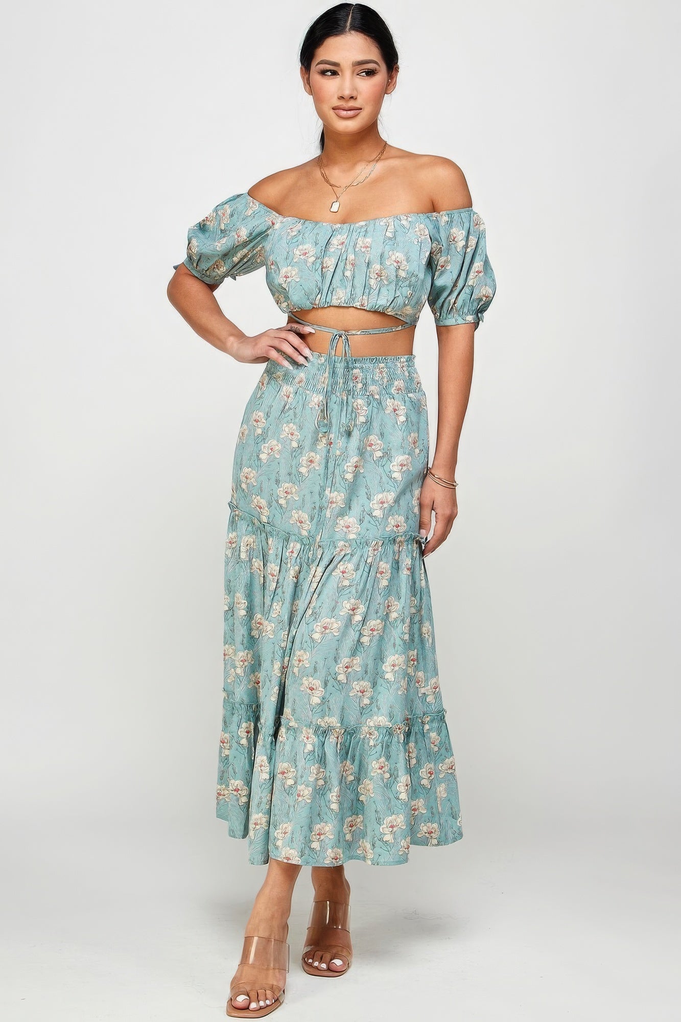 Floral Off Shoulder Back Tie Skirt Set