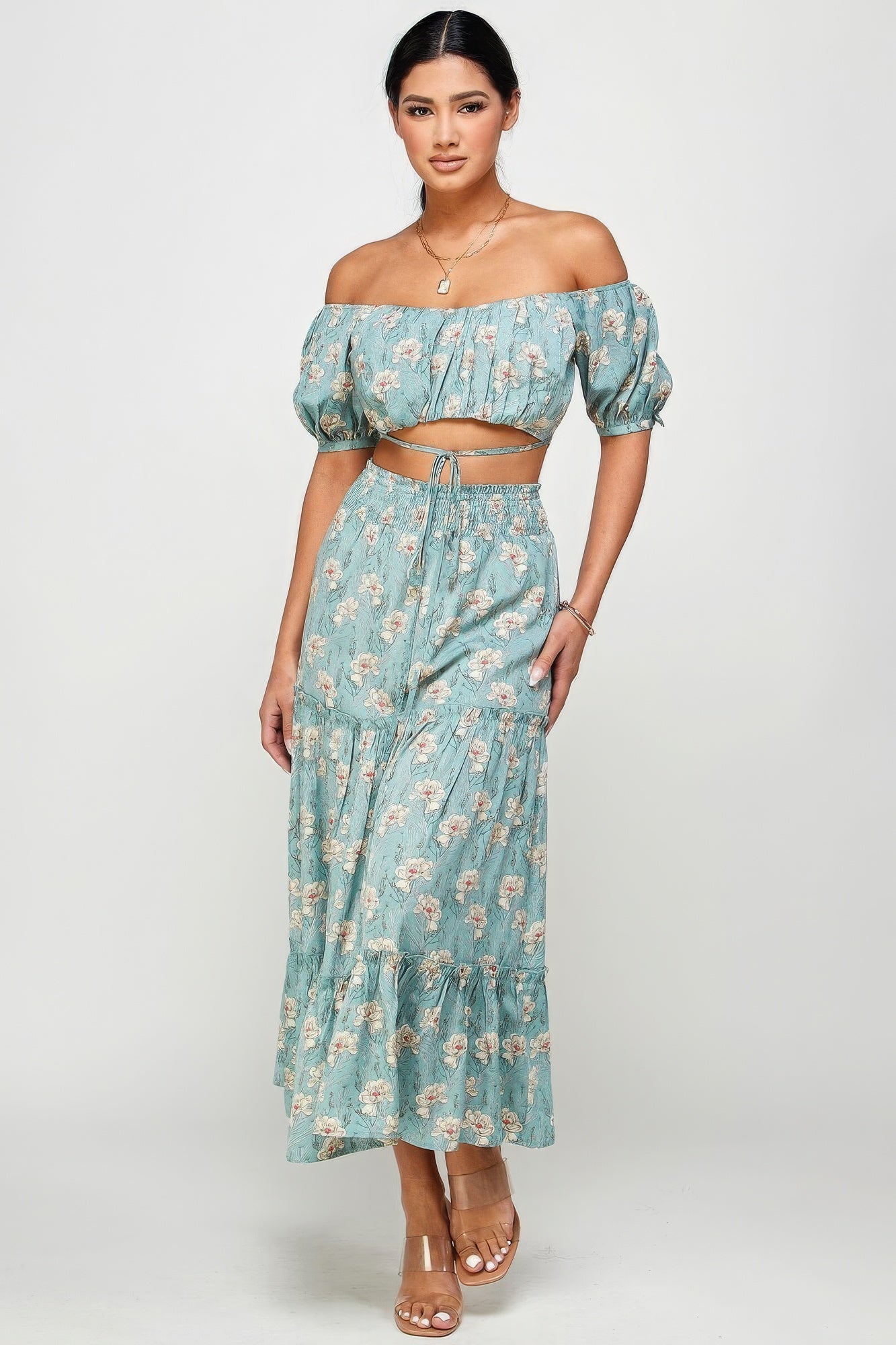 Floral Off Shoulder Back Tie Skirt Set