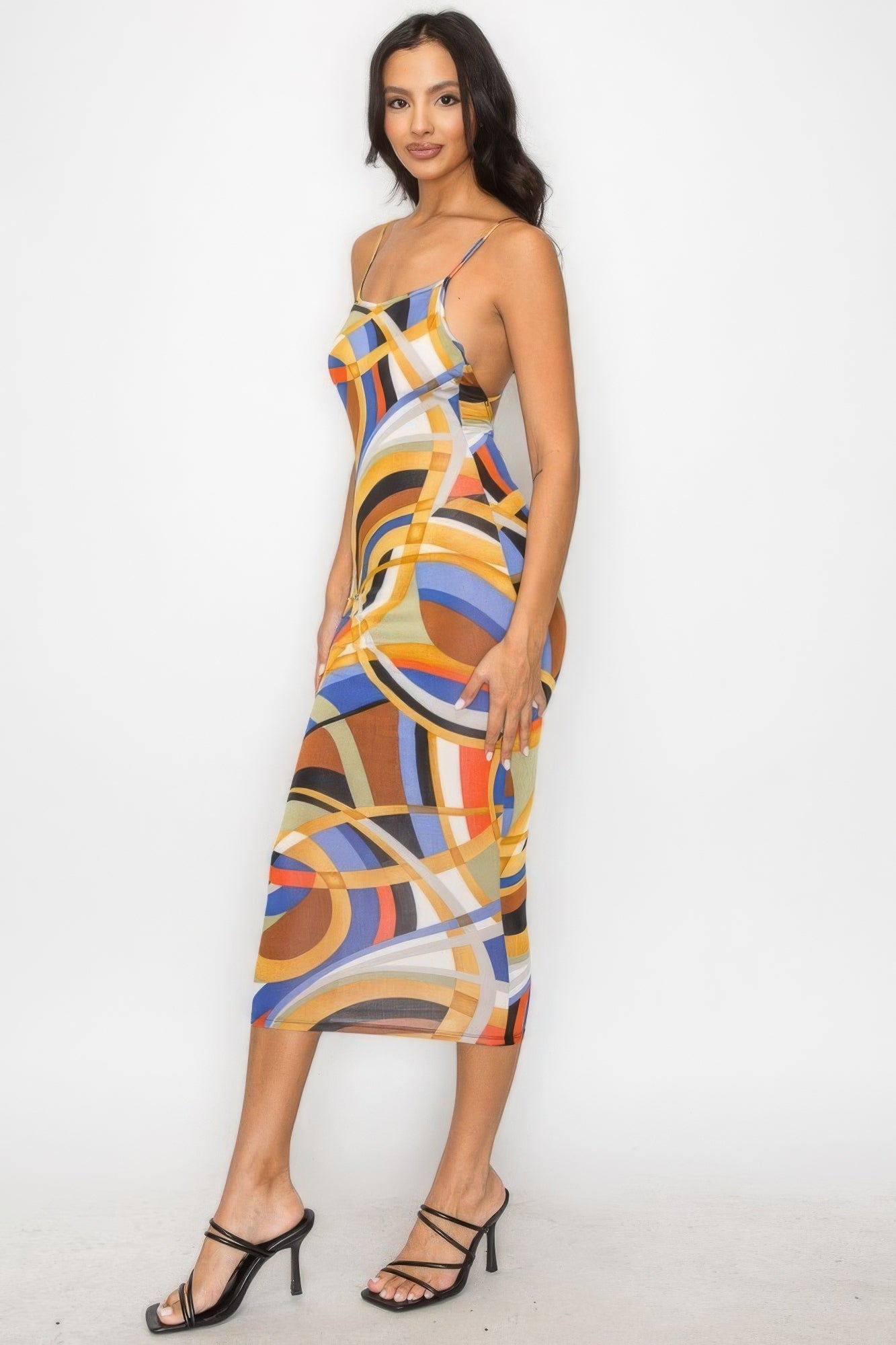 Crossed Back Marble Multicolor Midi Dress