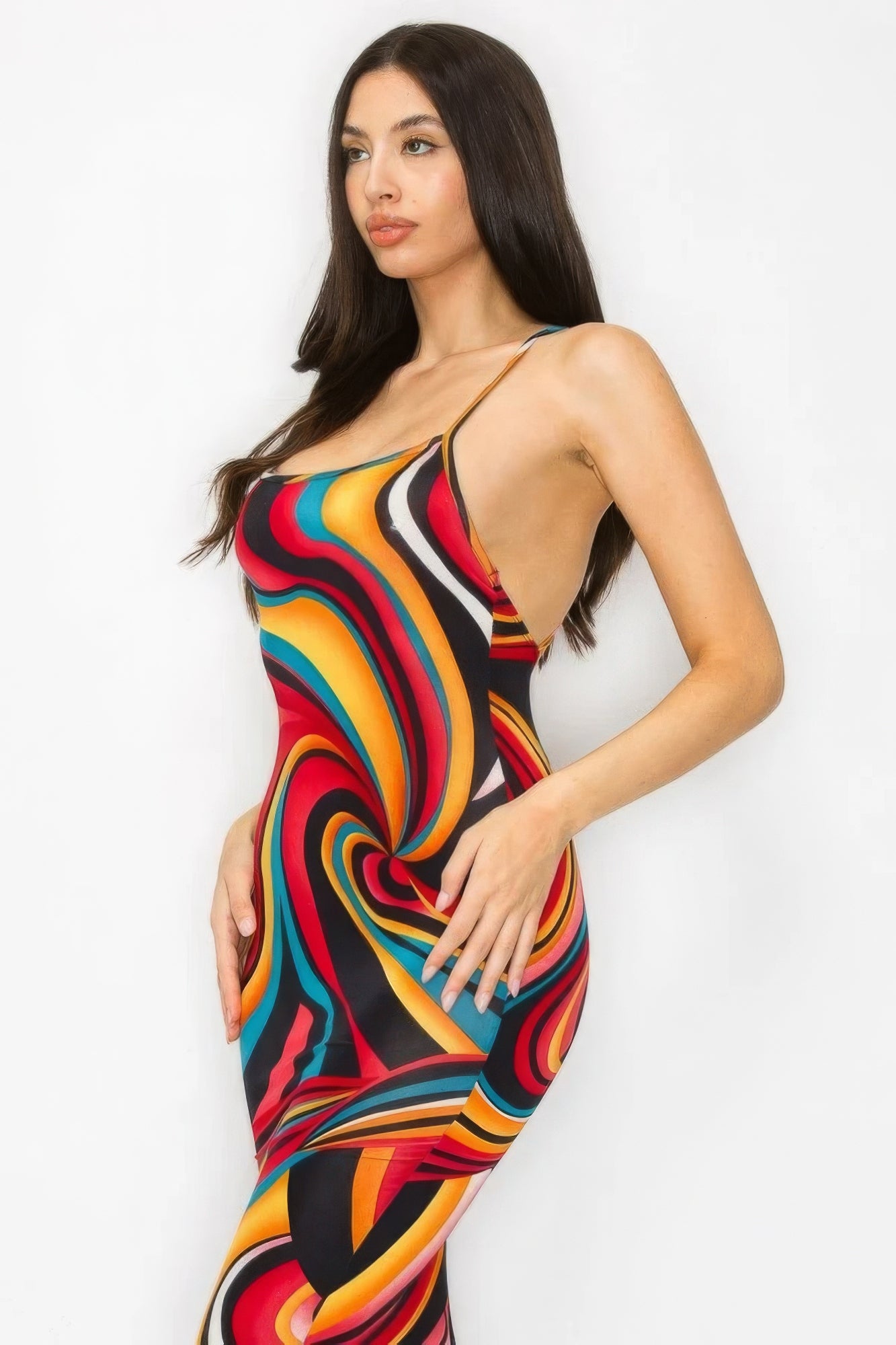 Crossed Back Marble Multicolor Midi Dress
