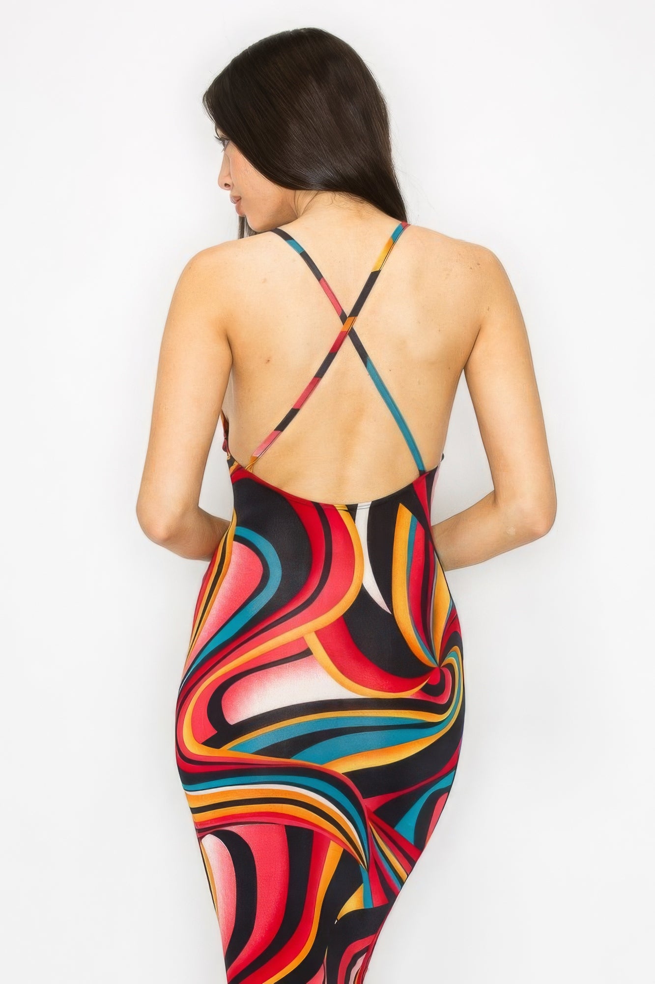 Crossed Back Marble Multicolor Midi Dress