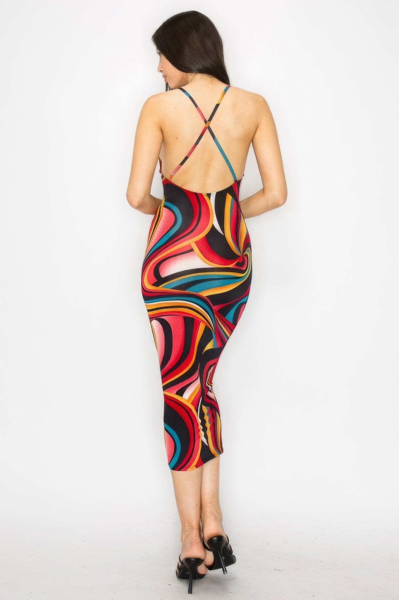 Crossed Back Marble Multicolor Midi Dress