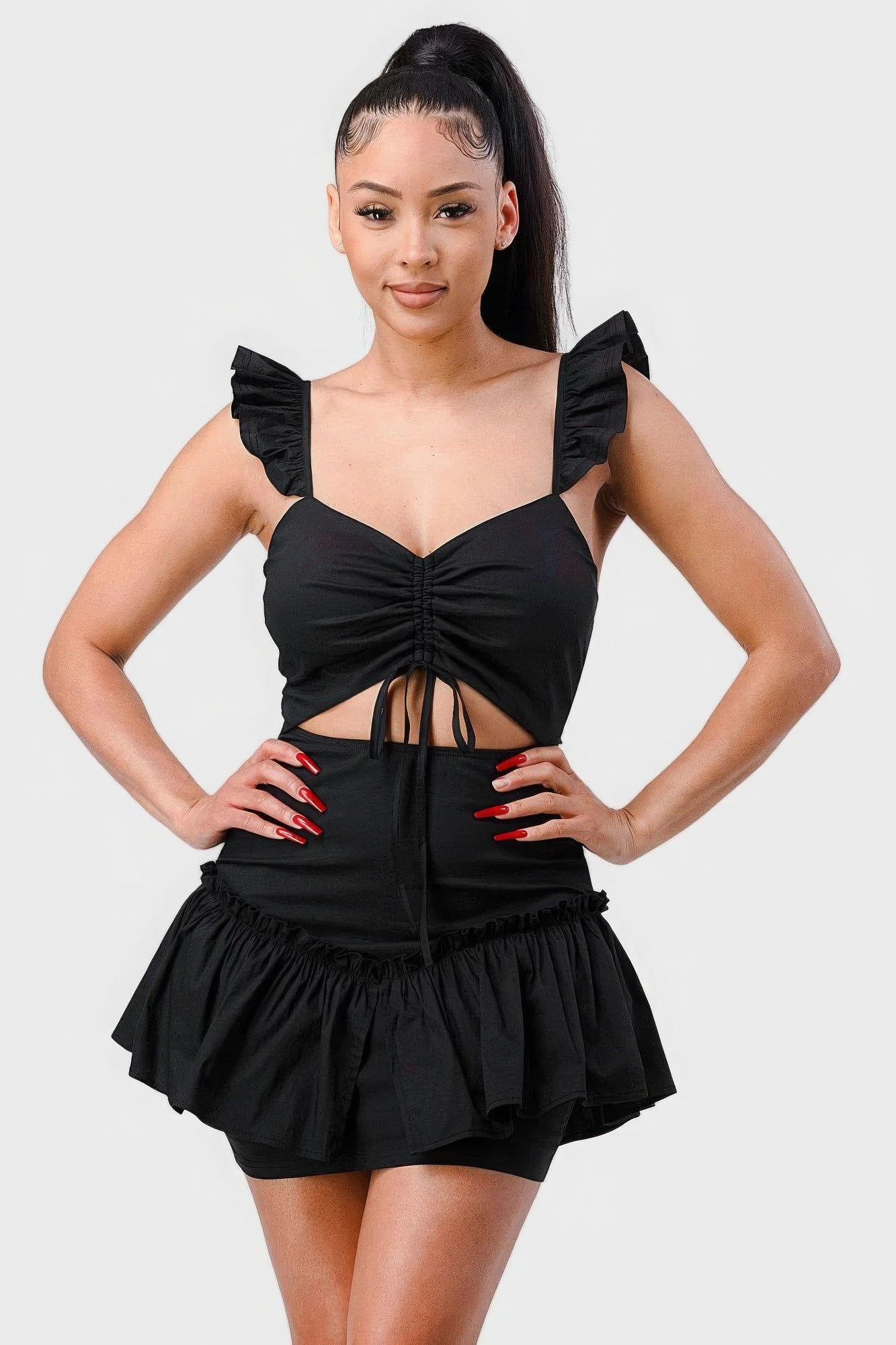 Sweetheart Bow Cutout Ruffled Flutter Mini Dress