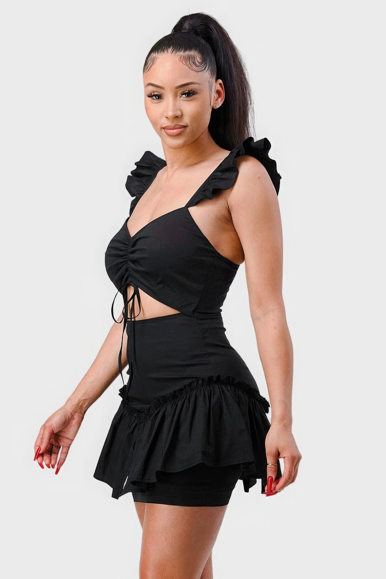 Sweetheart Bow Cutout Ruffled Flutter Mini Dress