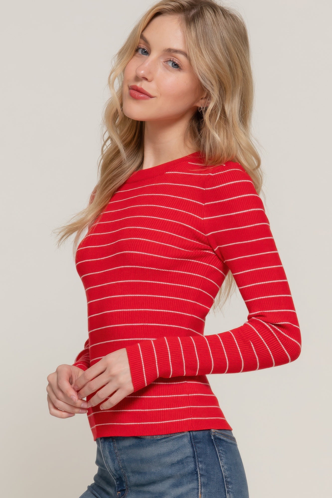 Long Slv Crew Neck Stripe Sweater