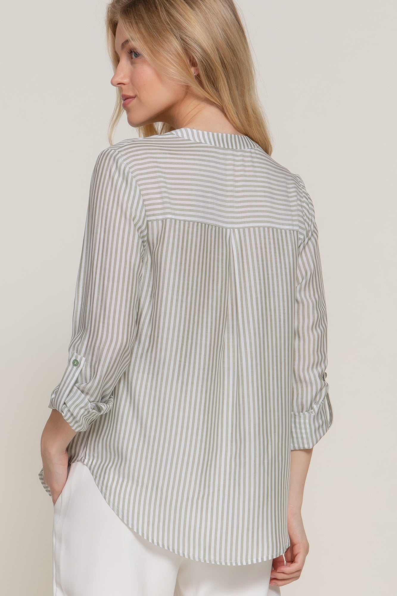 Split Round Neck Stripe Woven Shirt