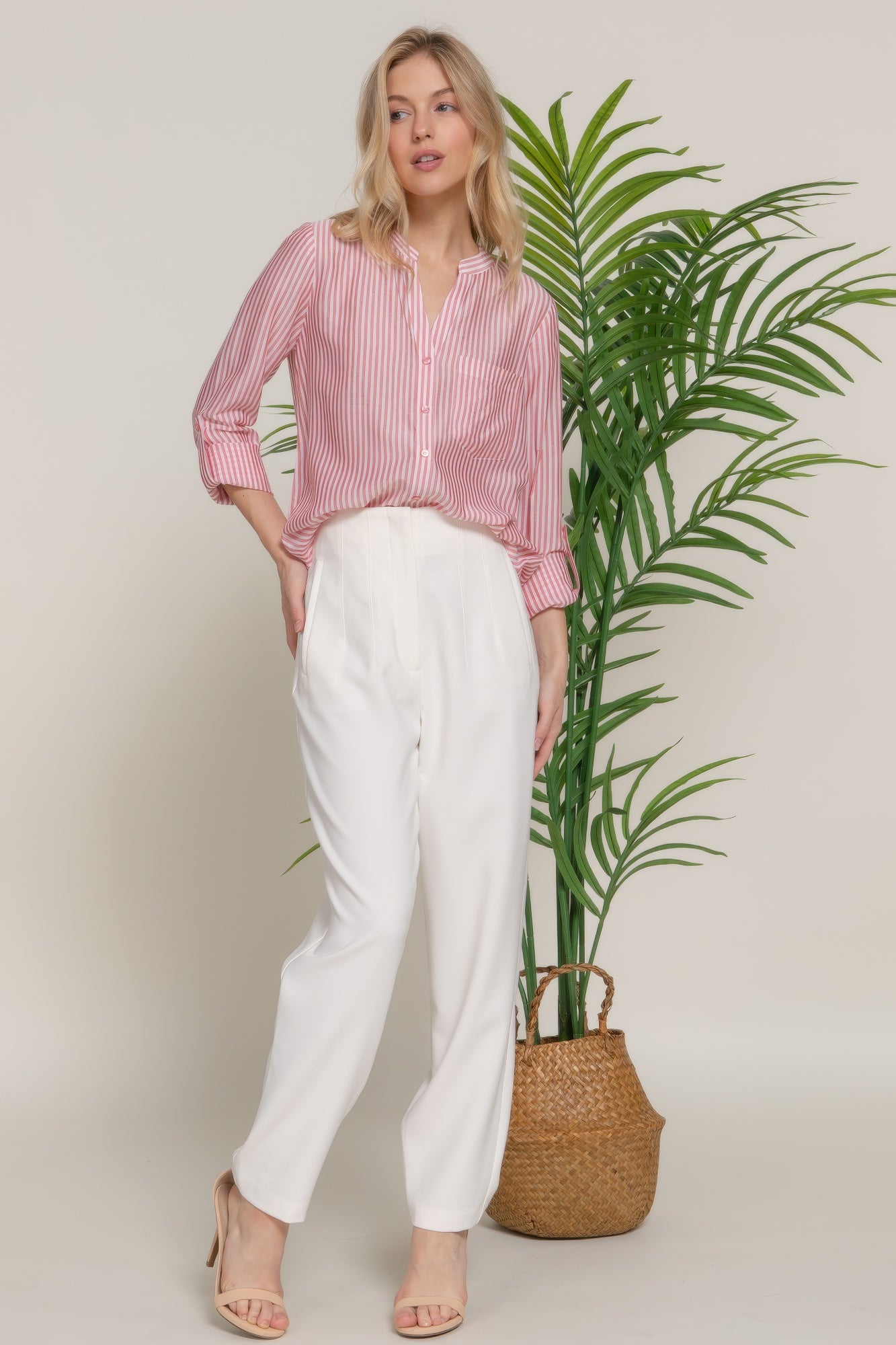 Split Round Neck Stripe Woven Shirt