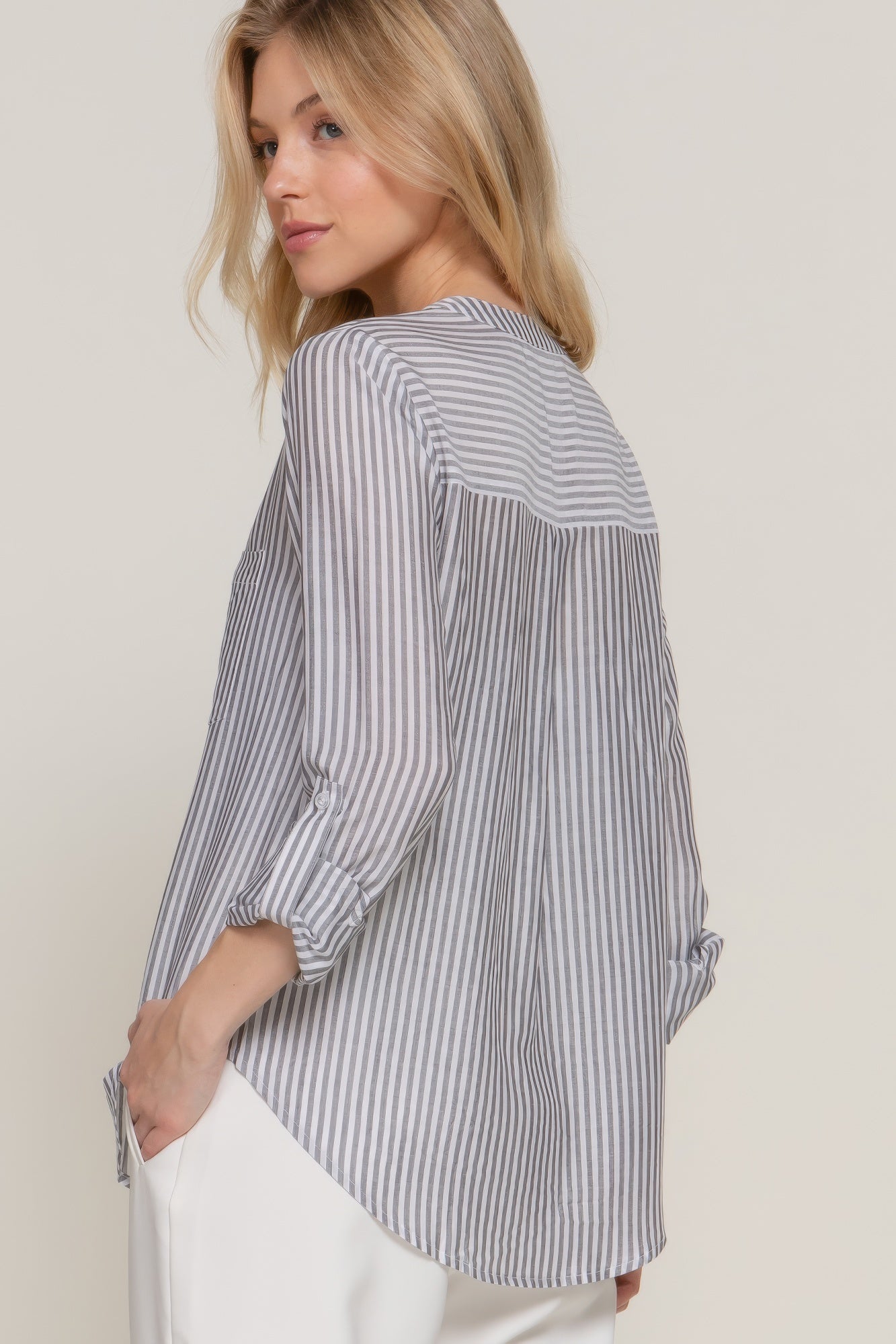 Split Round Neck Stripe Woven Shirt