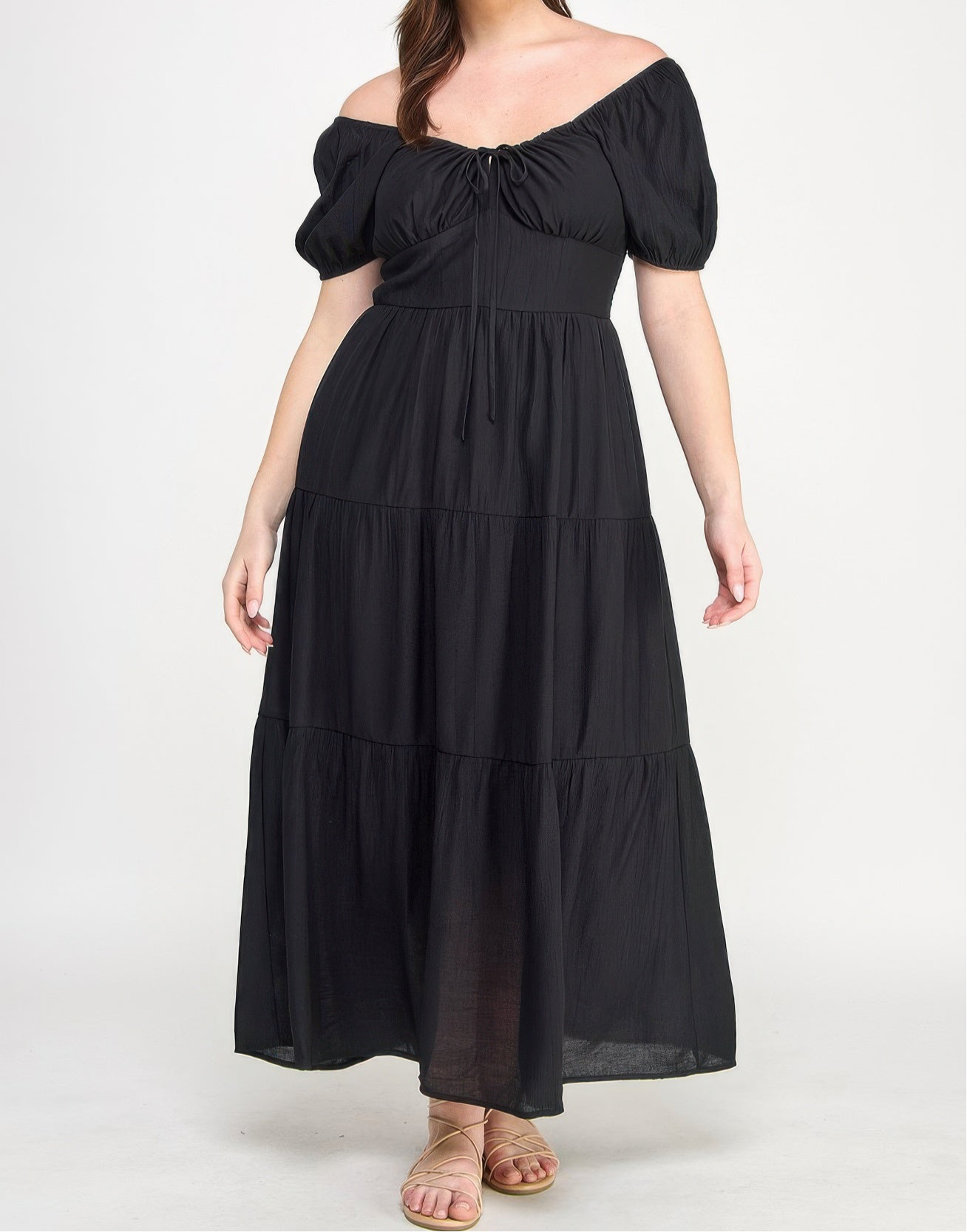 Front Tie Puff Sleeve Tired Maxi Dress
