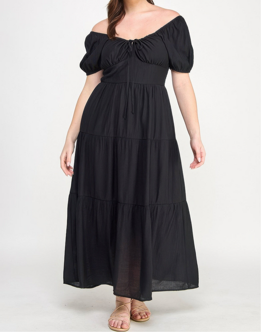 Front Tie Puff Sleeve Tired Maxi Dress