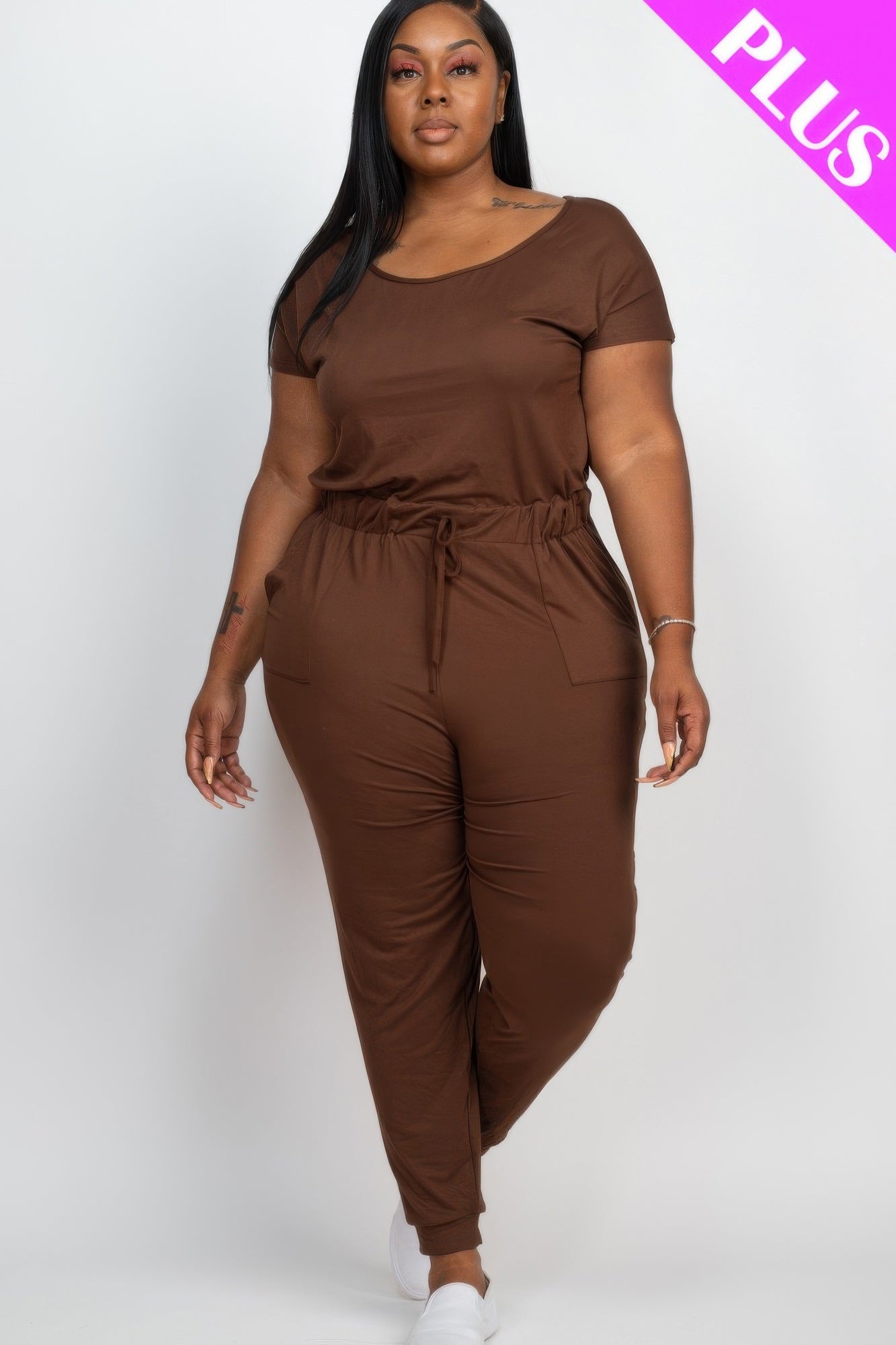 Solid Drawstring Short Sleeve Jumpsuit