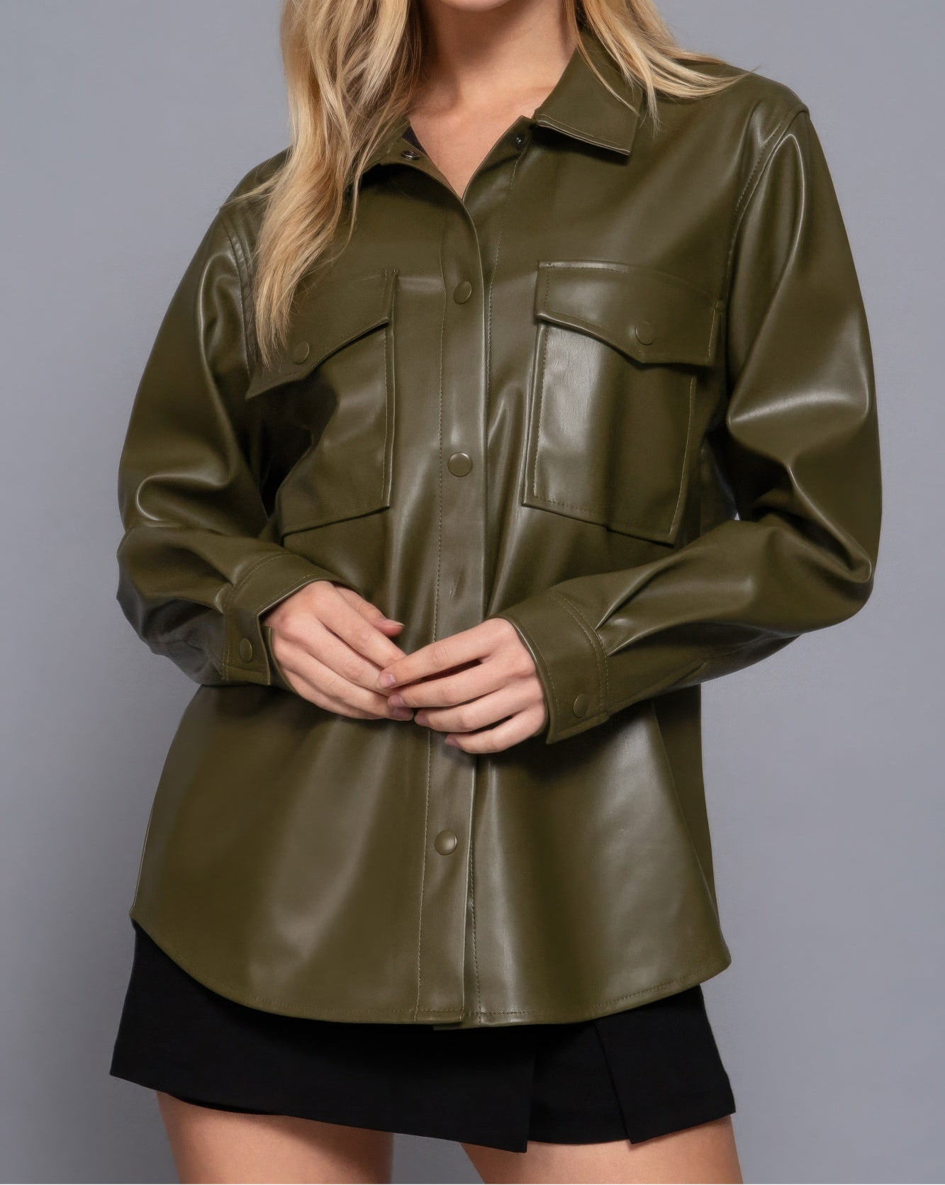 Long Slv Faux Leather Shacket