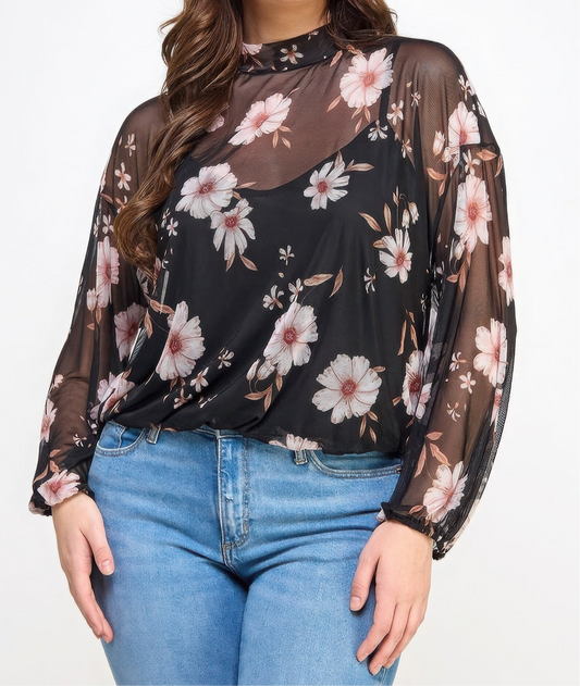 Mesh Floral Ls Top W/cami