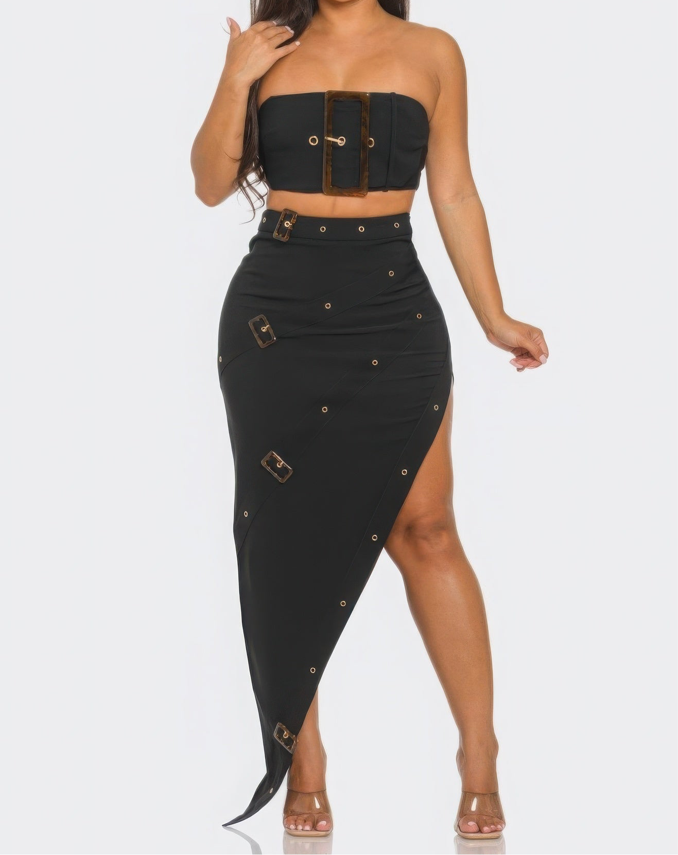 Front Eyelet Buckle Belt Top And Skirt Set