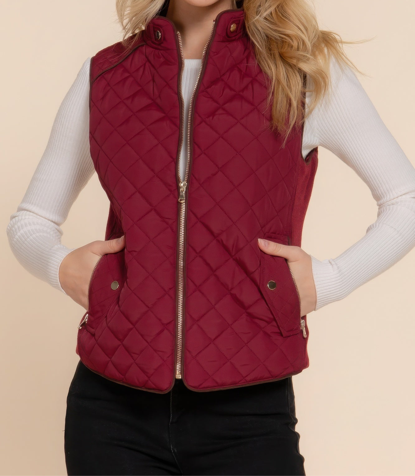 Suede Piping Quilted Padding Vest