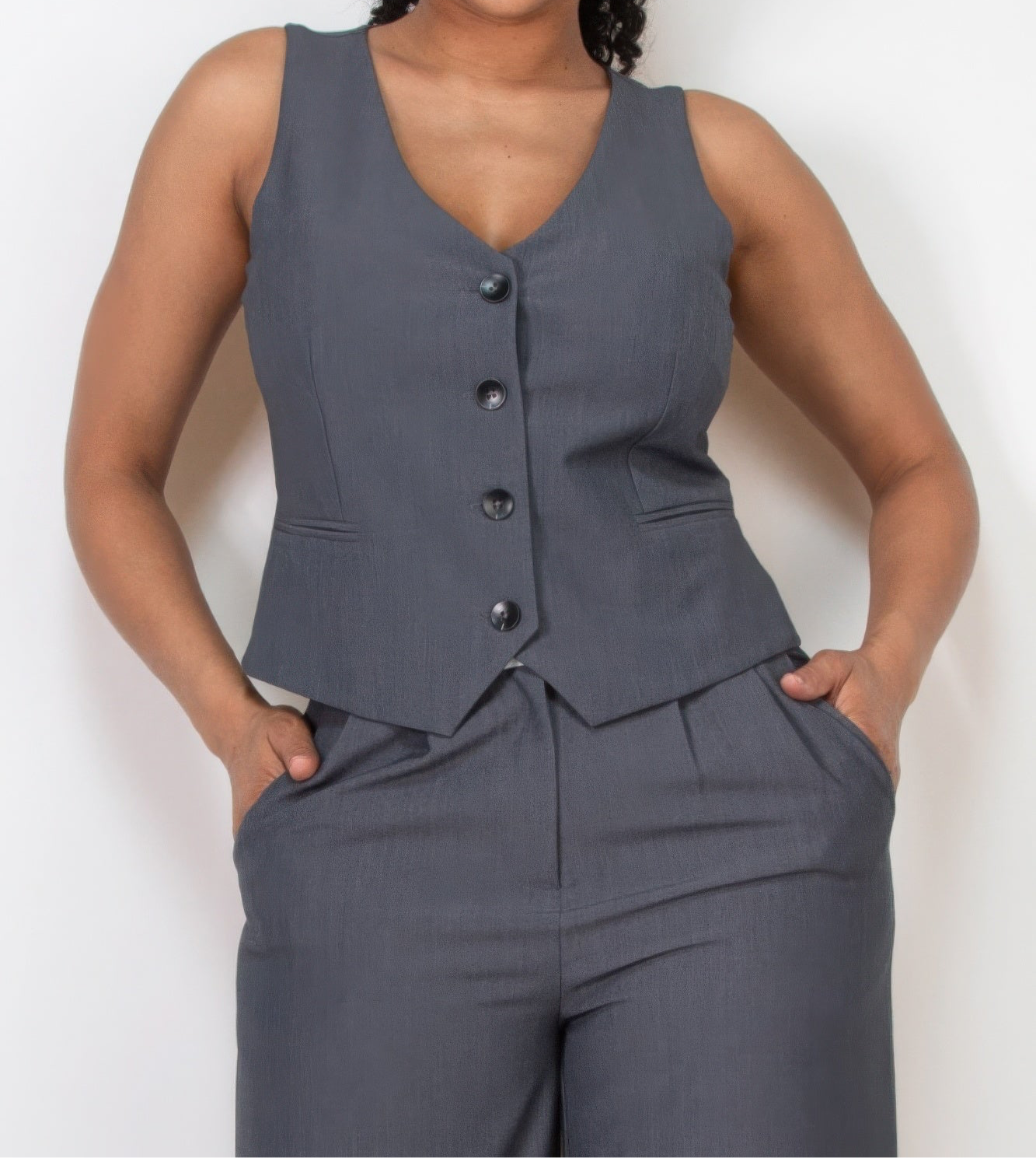 Buttoned Solid V-neck Vest Top