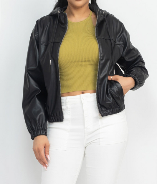 Faux Leather Hoodie Jacket