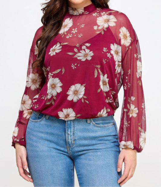 Mesh Floral Ls Top W/cami