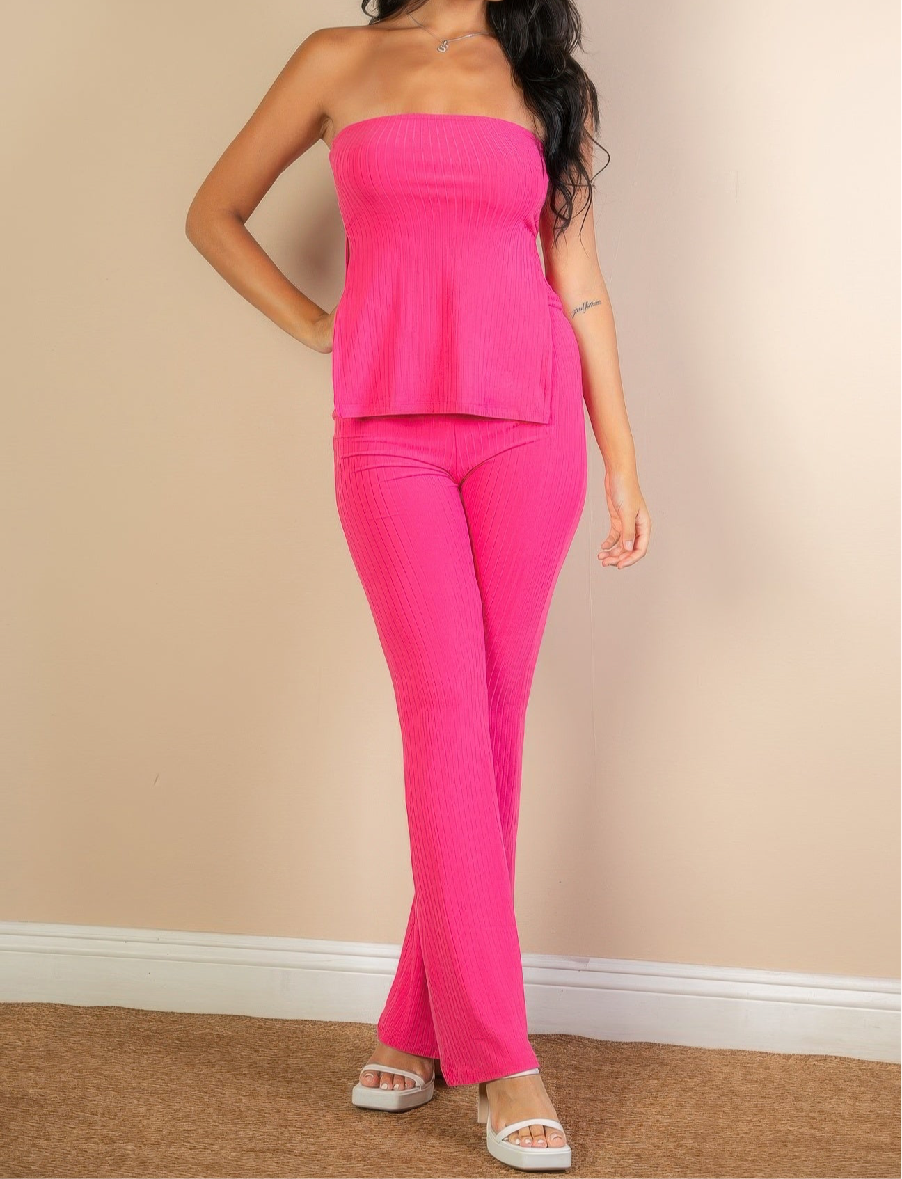 Ribbed Side Slit Bandeau Top & Flare Pants Set