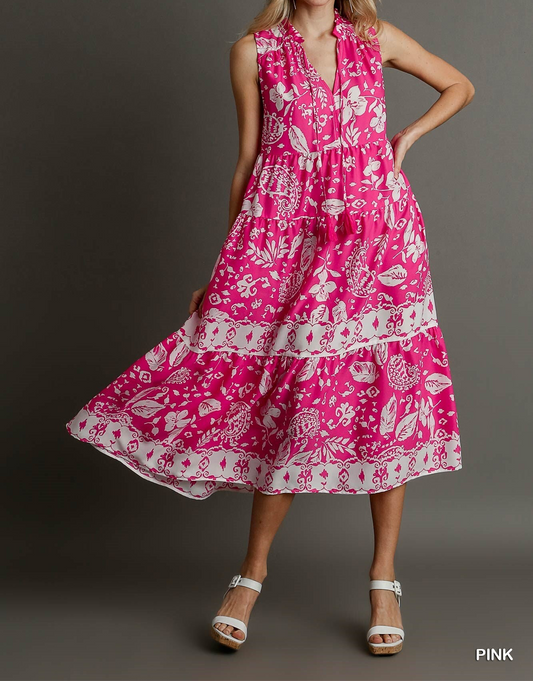 Two Tone Floral Paisley Midi Dress