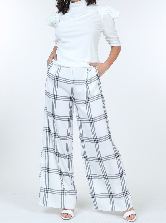 High Waist Plaid Print Wide Leg Pants