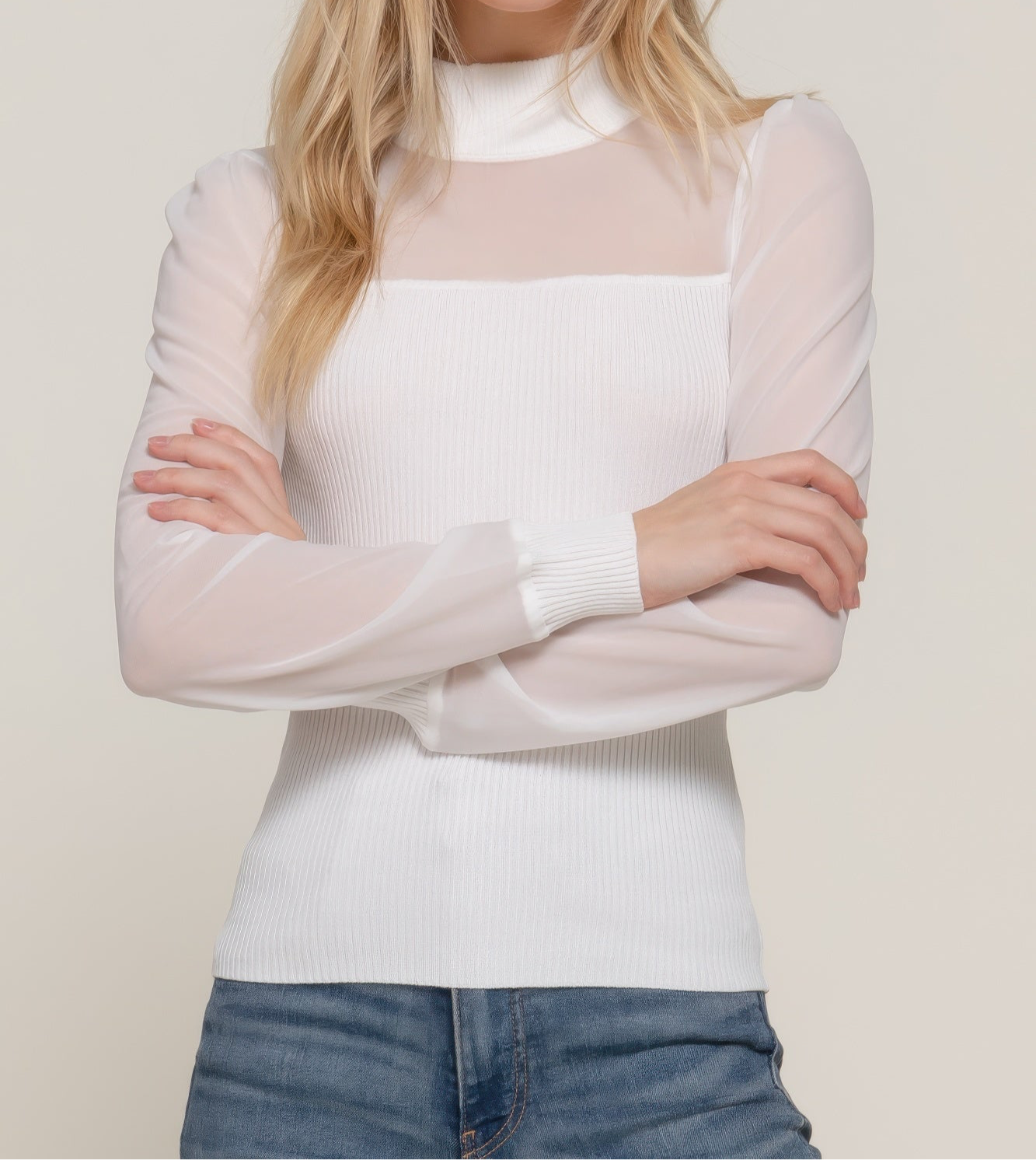 Long Slv Mesh Panel Detail Sweater Top