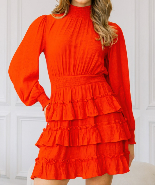 Long Sleeve Smocked Neck Tiered Ruffle Mini Dress