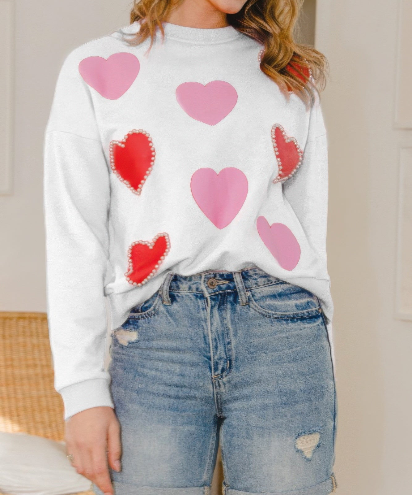 Heart Pattern With Pearl Embellished Sweatshirts