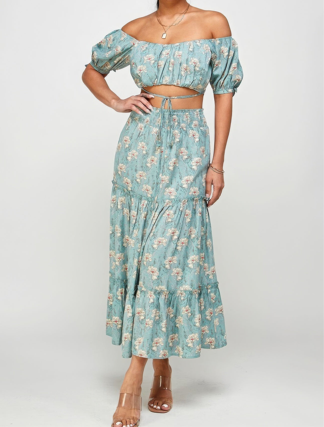 Floral Off Shoulder Back Tie Skirt Set