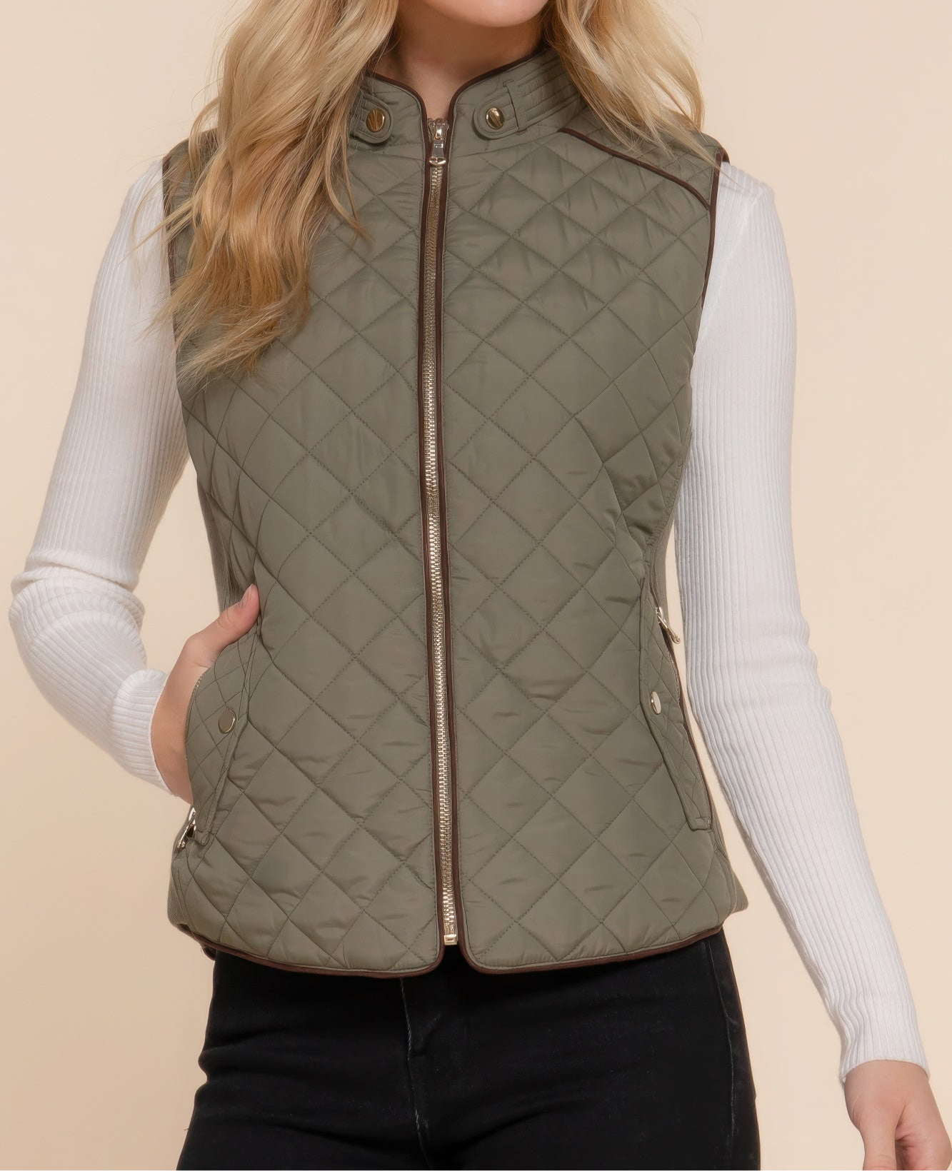 Suede Piping Quilted Padding Vest